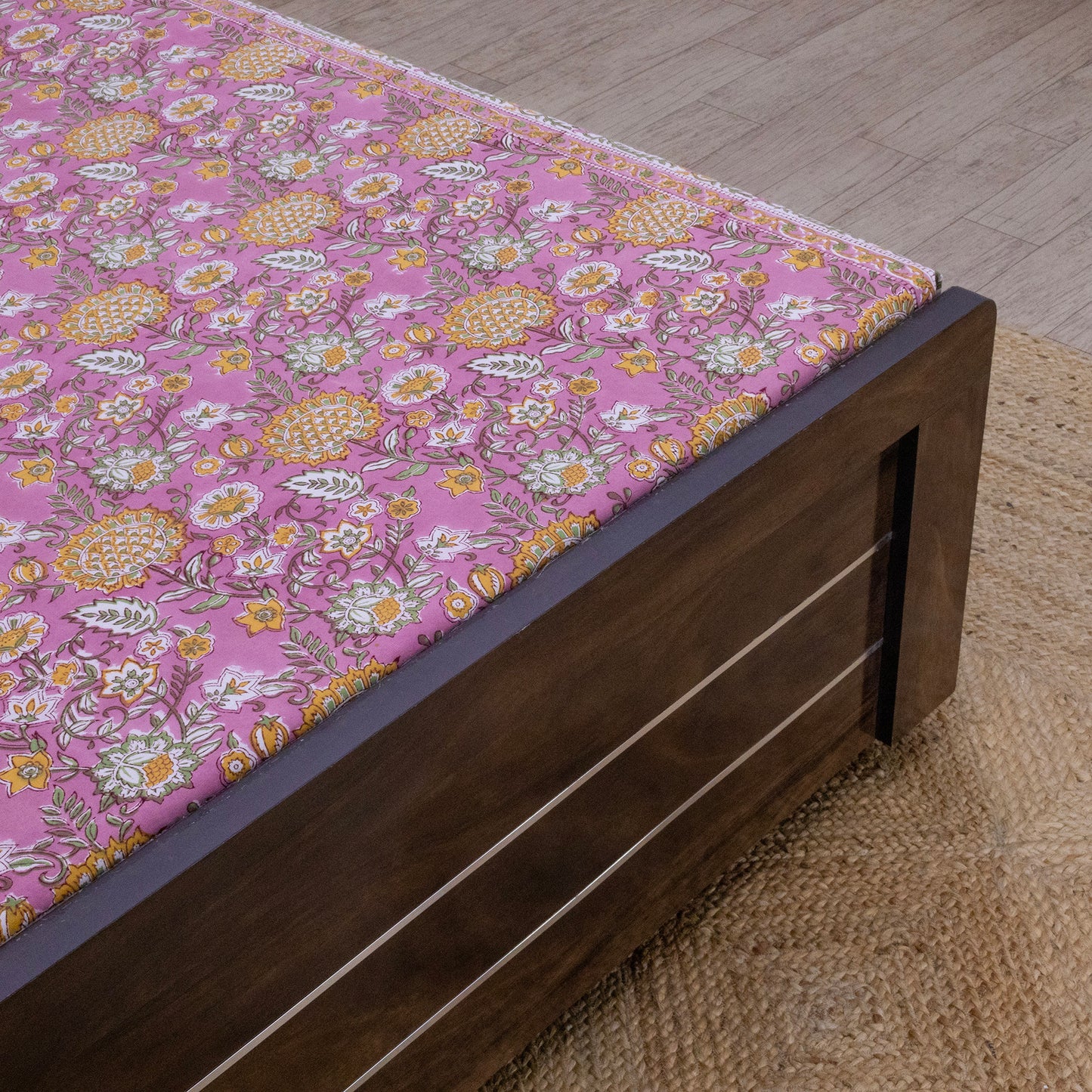 Cotton Bedsheet – Hand Block Floral Print – Pink and Yellow – King, Queen, Twin Sizes - My Store