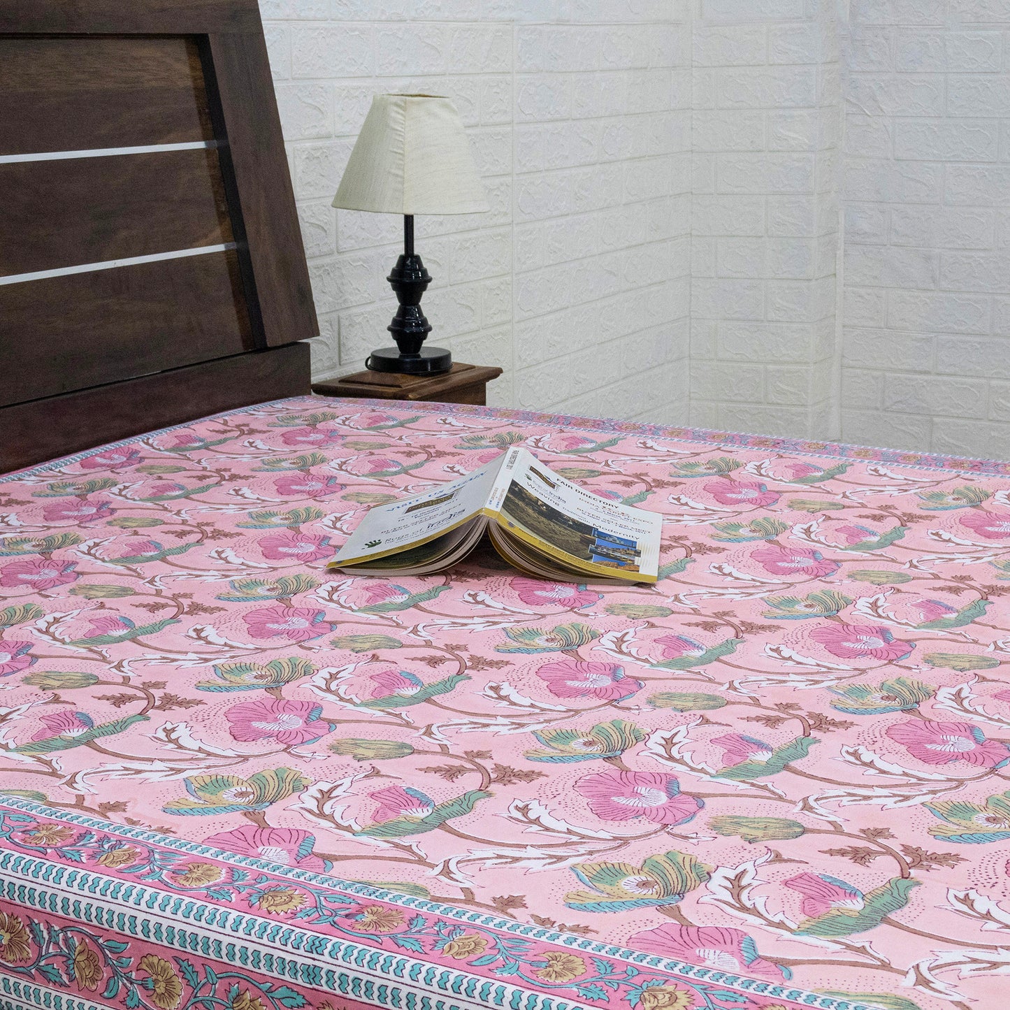 Indian Handmade Block Printed Pink and Blue Floral Pattern Cotton Bed sheet For living Room, Kids Room - My Store