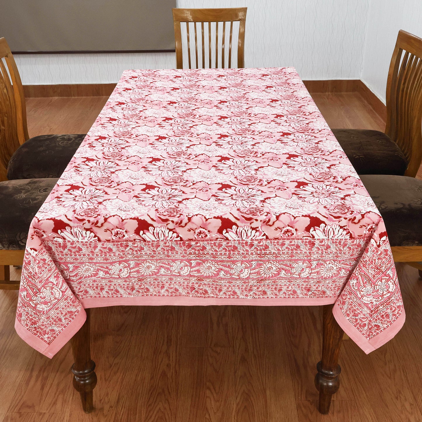 Indian Handmade Block Printed Cotton Pink and White Rectangle Tablecloth - My Store