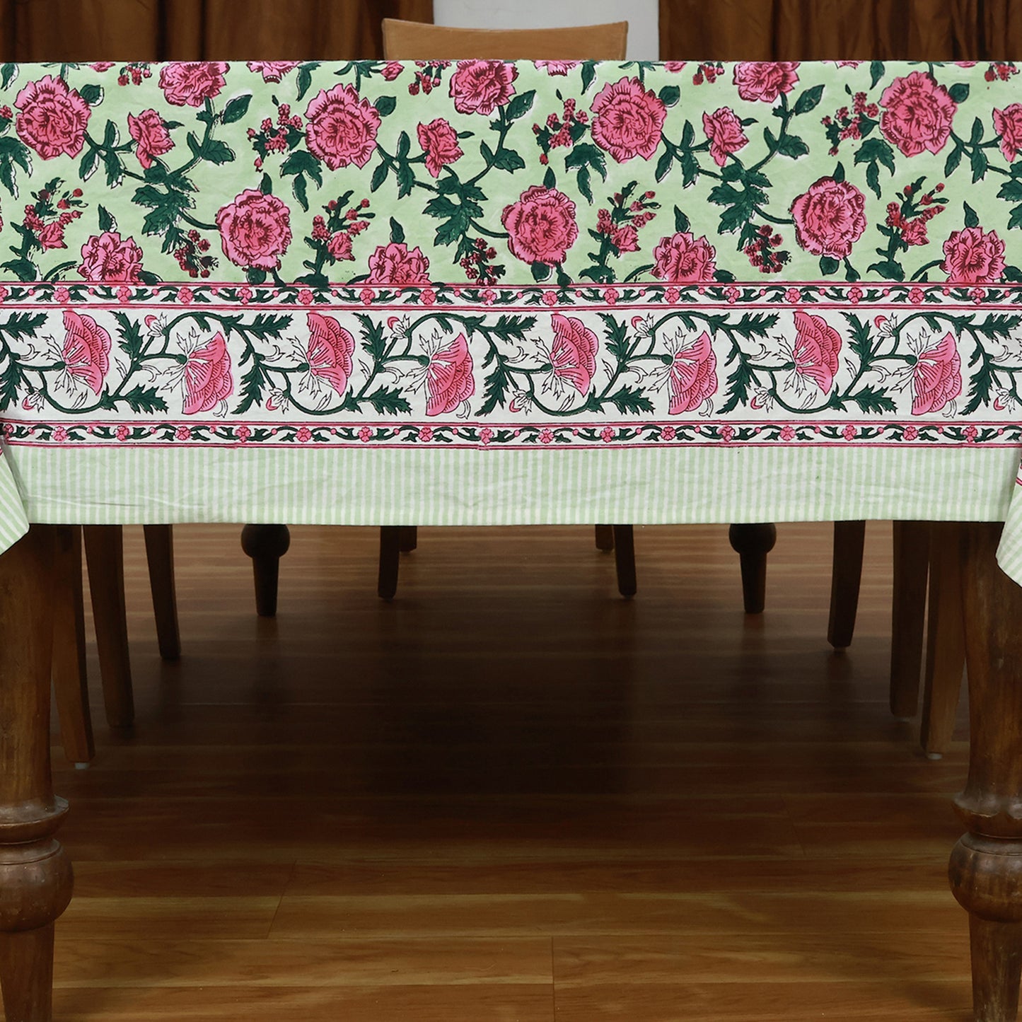 Rectangle Block Printed Cotton Pink and Green Tablecloth - My Store