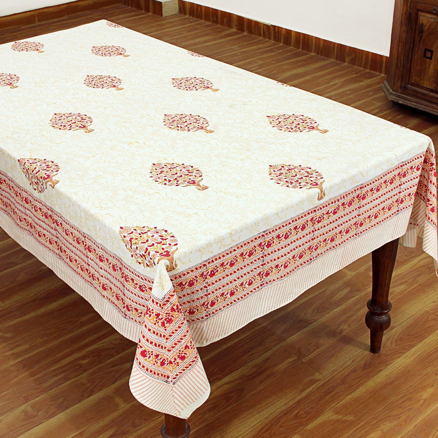 Handmade Red and White Block Printed Rectangle Tablecloth - My Store