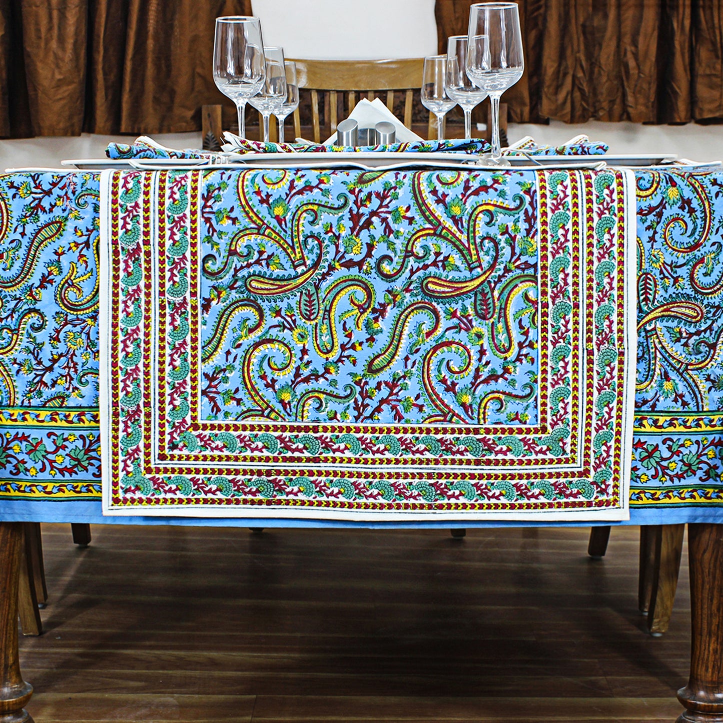 Cotton Blue and Yellow Handmade Block Printed Rectangle Dinning Tablecloth - My Store