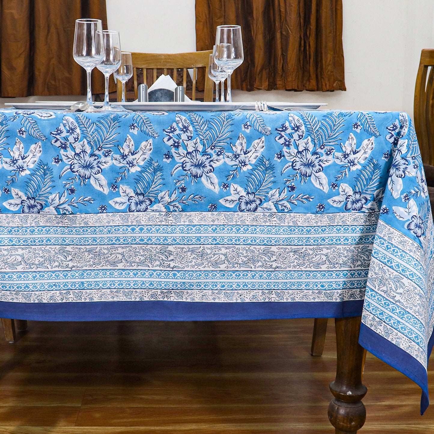 Handcrafted Block Printed Cotton Blue White Rectangle Table Cloth - My Store