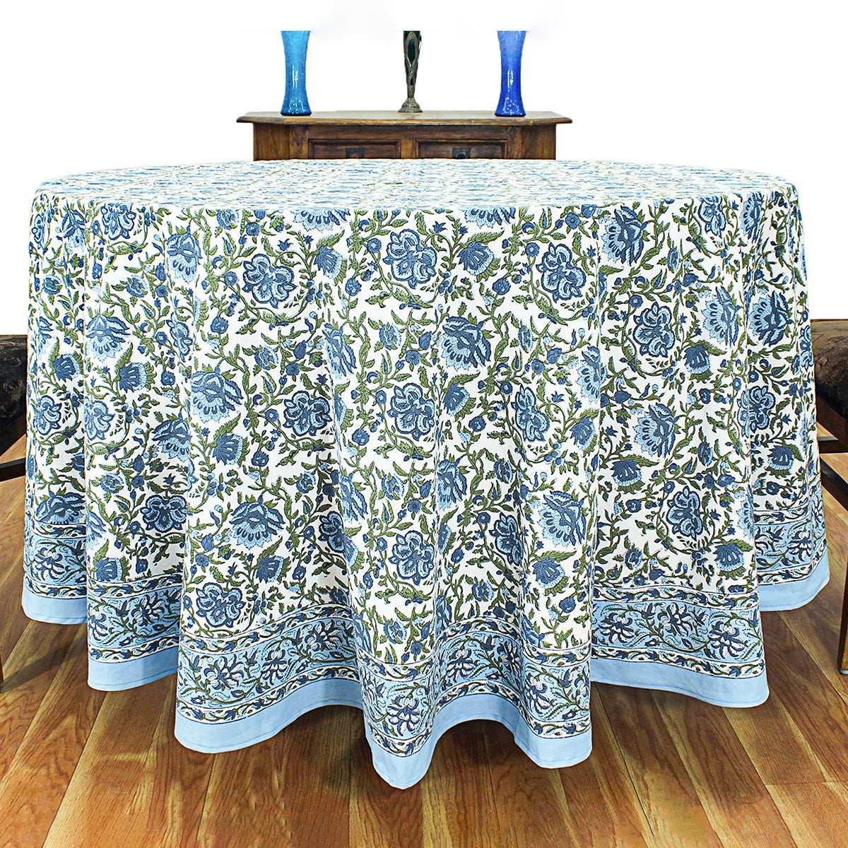Blue and White Hand Block Printed Cover, Floral Table Linens, Valentine Table Cloth - My Store