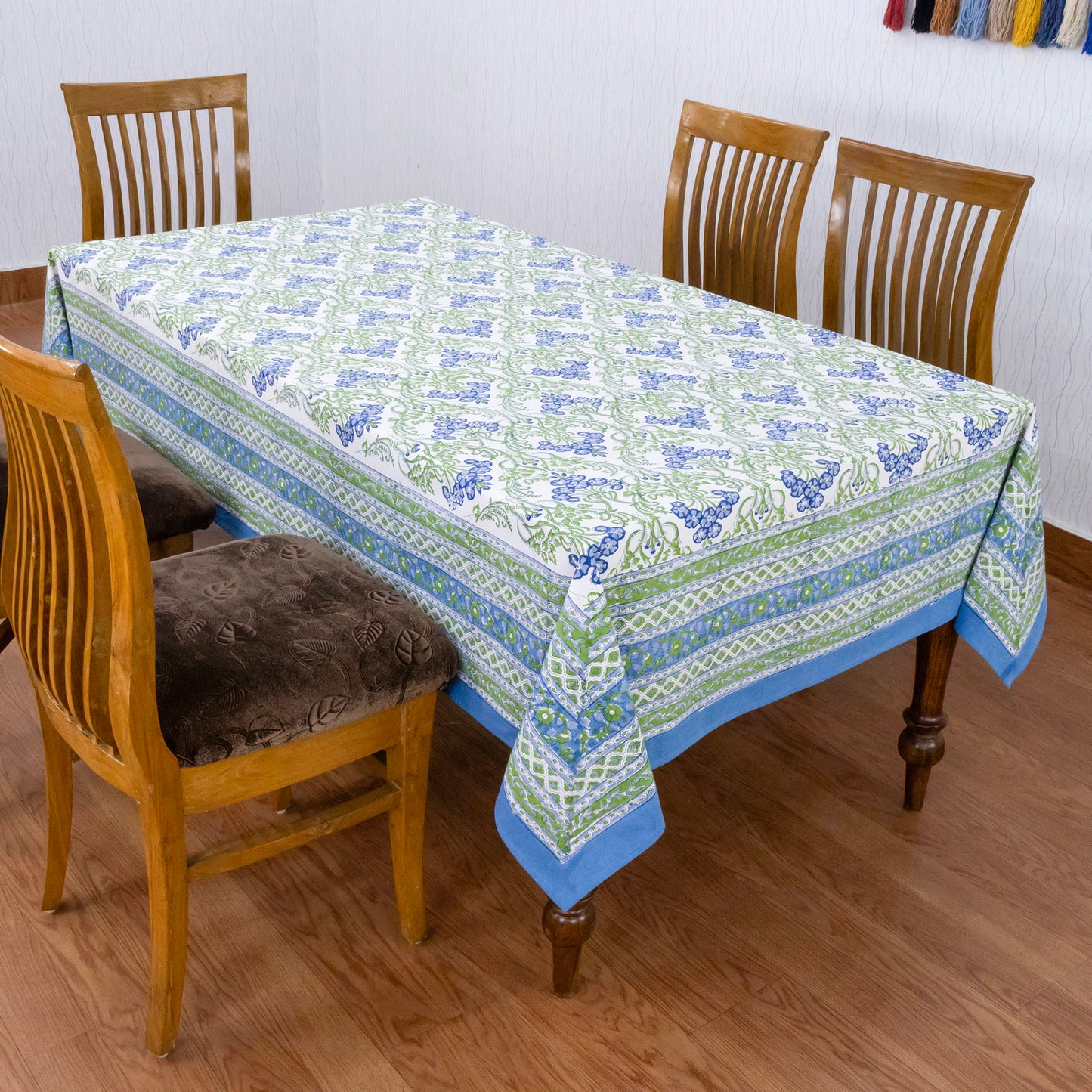 Artisan Block Print Cotton Tablecloth, Green and Blue Indian Rectangle Dining Cover - My Store