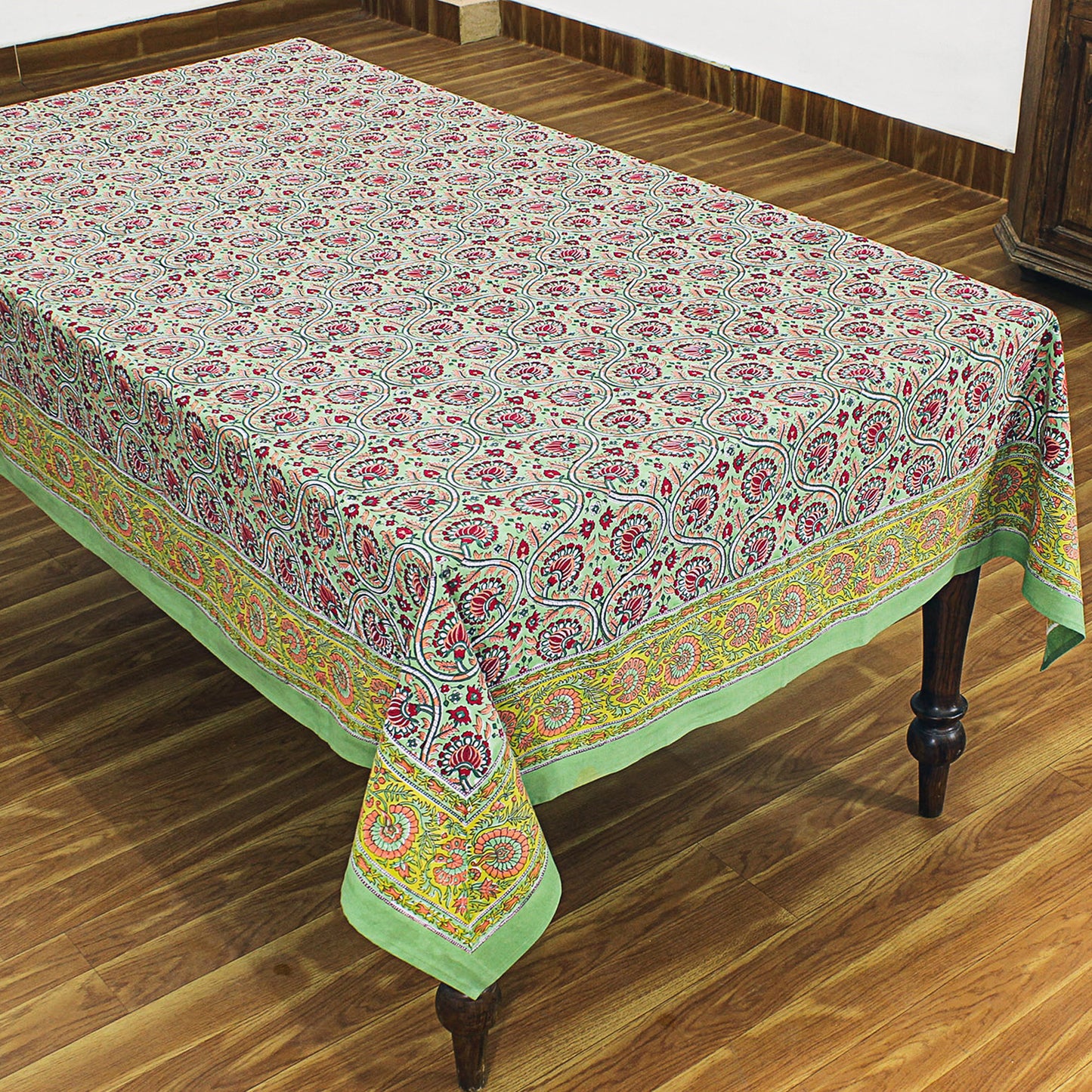 Indian Hand Block Printed Red and Green Rectangle Tablecloth - My Store