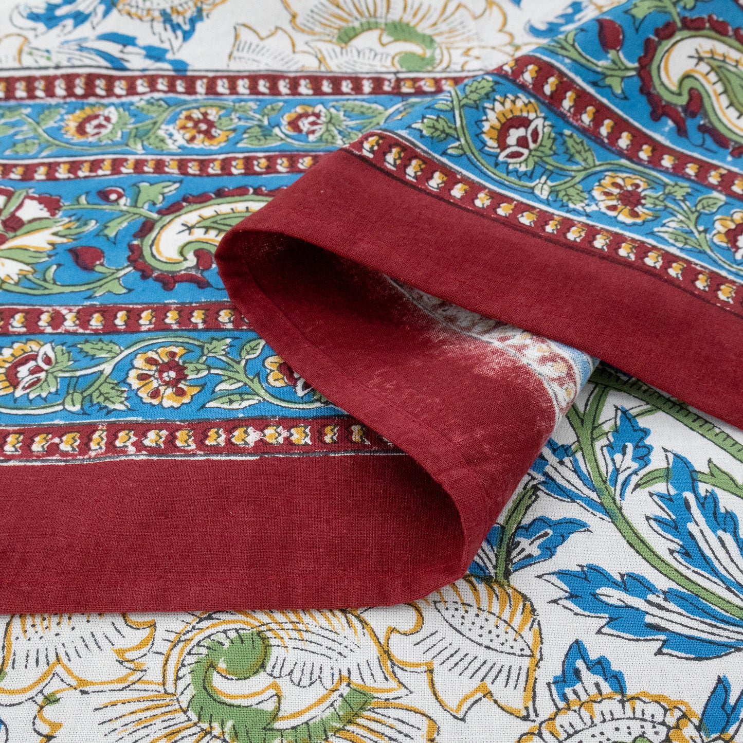 Artisan Block Print Cotton Tablecloth, Blue and Yellow Indian Rectangle Dining Cover - My Store