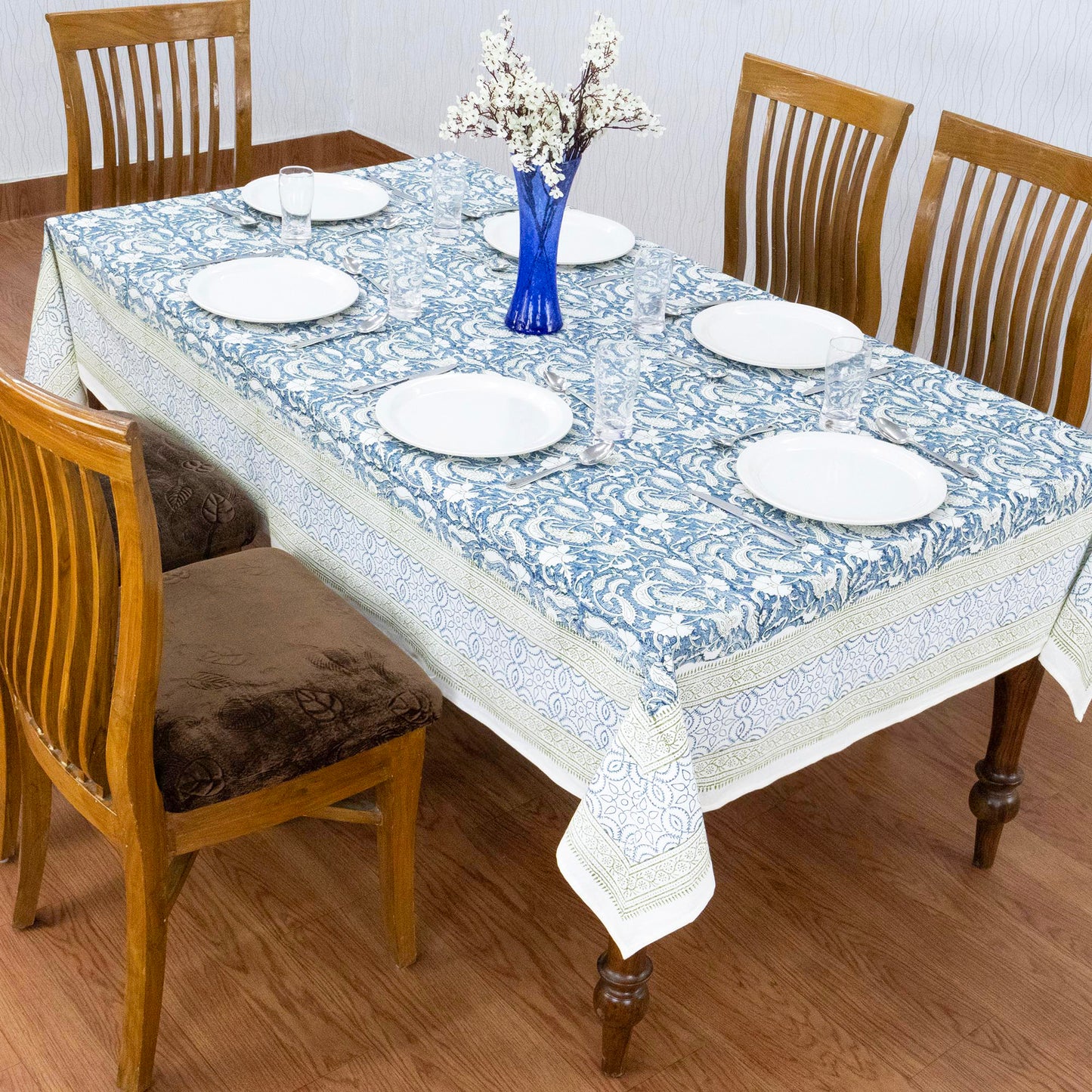 Indian Handmade Block Printed Cotton Blue and Green Rectangle Tablecloth - My Store