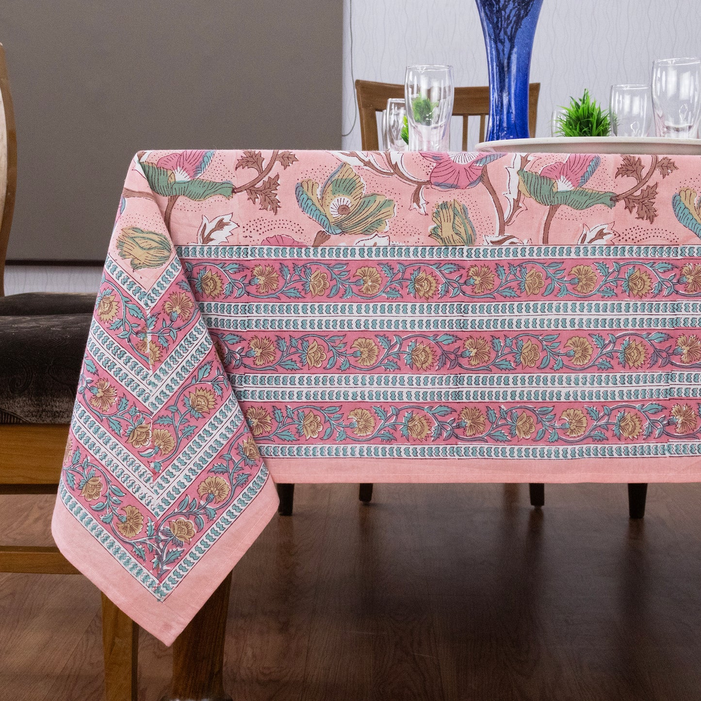 Indian Handmade Block Printed Cotton Pink and Blue Rectangle Tablecloth - My Store
