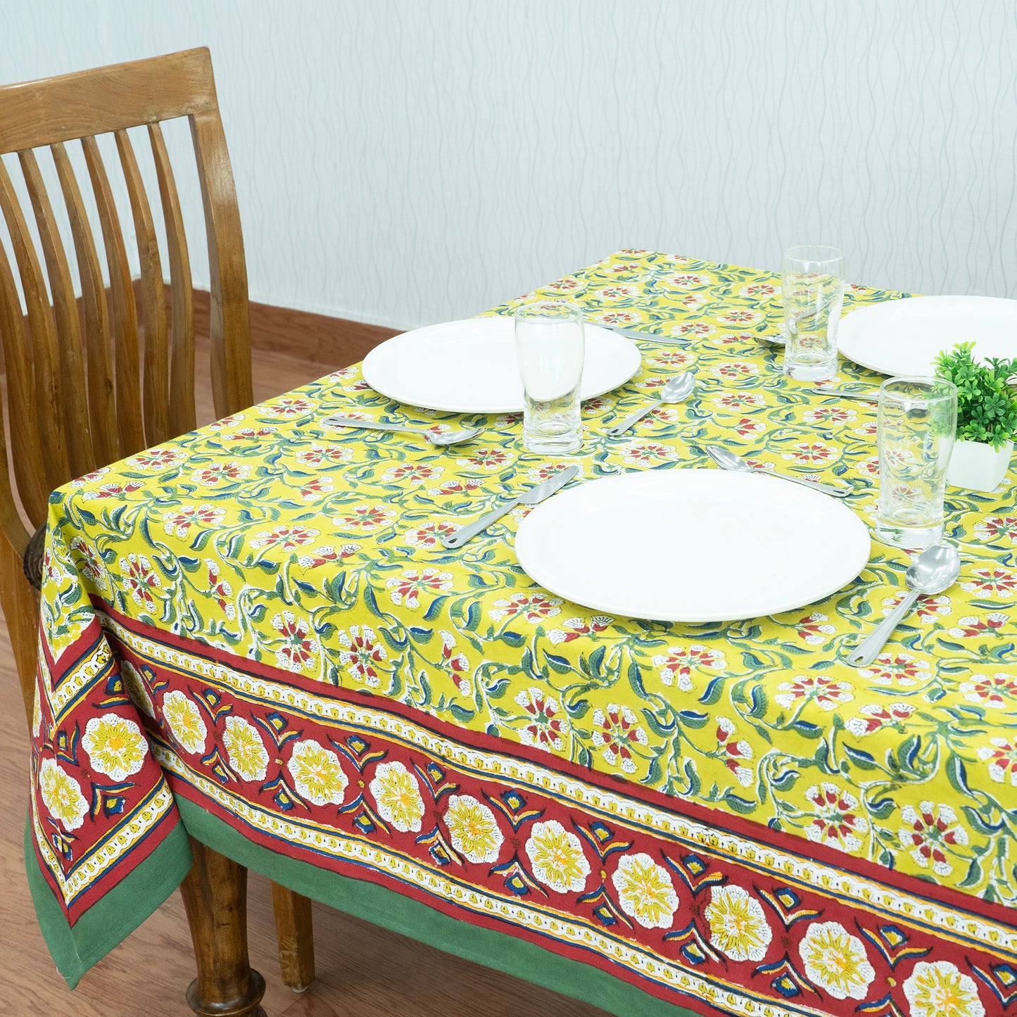 Indian Handmade Block Printed Cotton Yellow and Green Rectangle Tablecloth - My Store