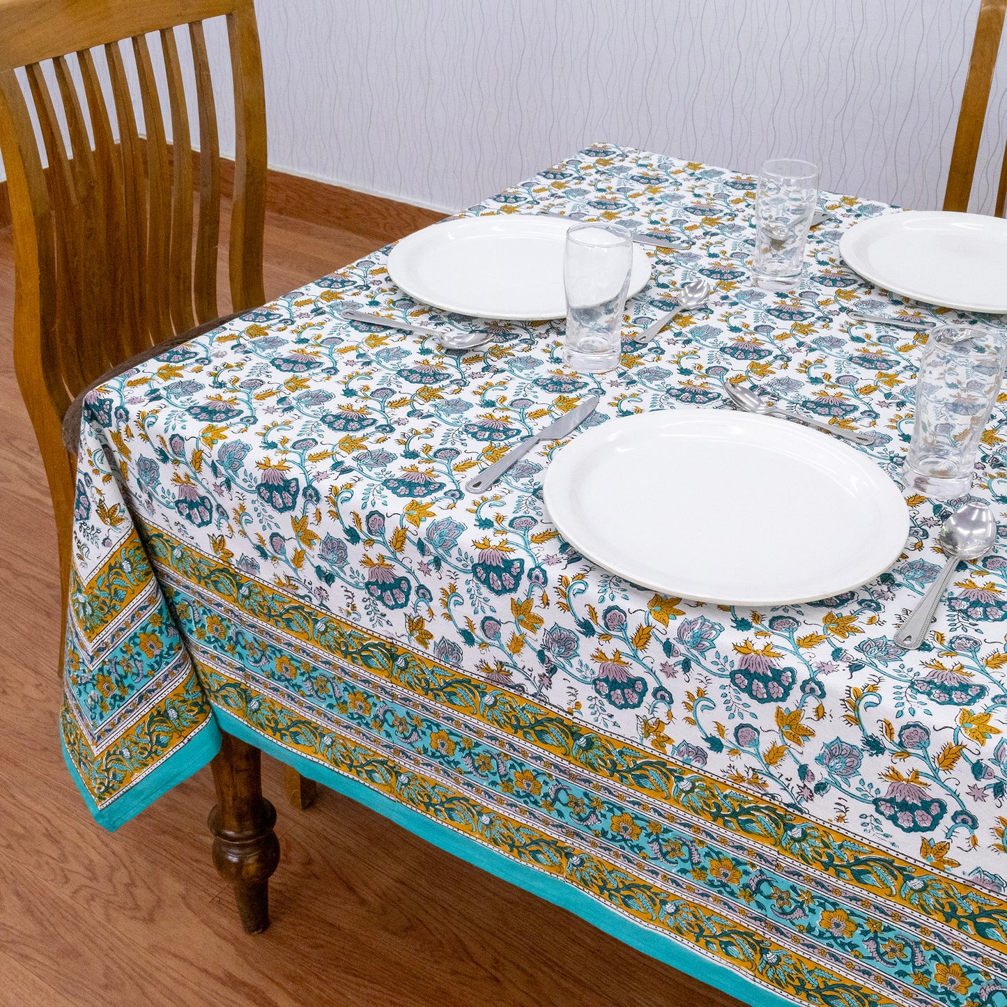 Blue & Yellow Block Print Cotton Tablecloth, Handmade Indian Rectangle Table Linen - My Store
