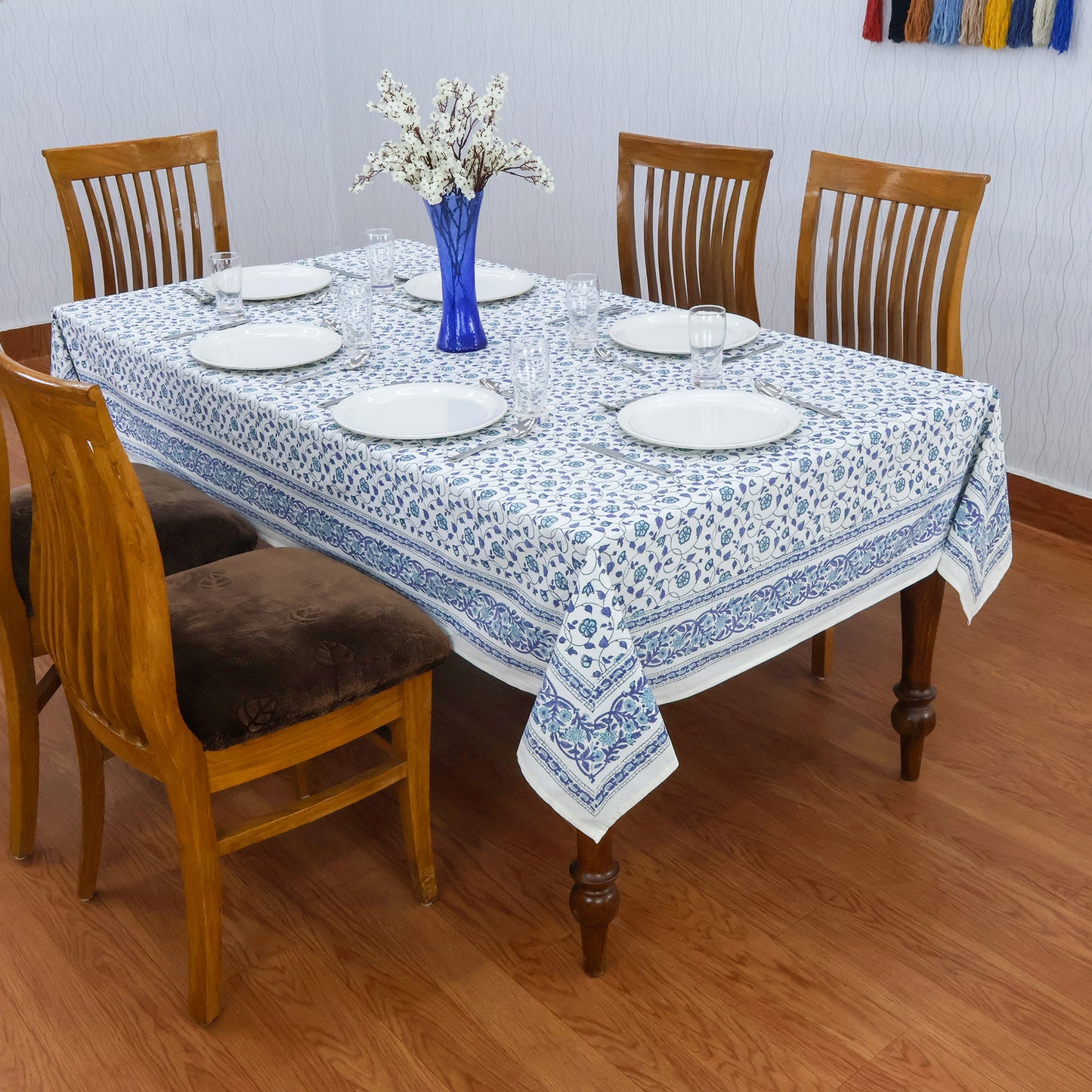 Purple and White Block Print Cotton Tablecloth, Handmade Indian Rectangle Table Linen - My Store