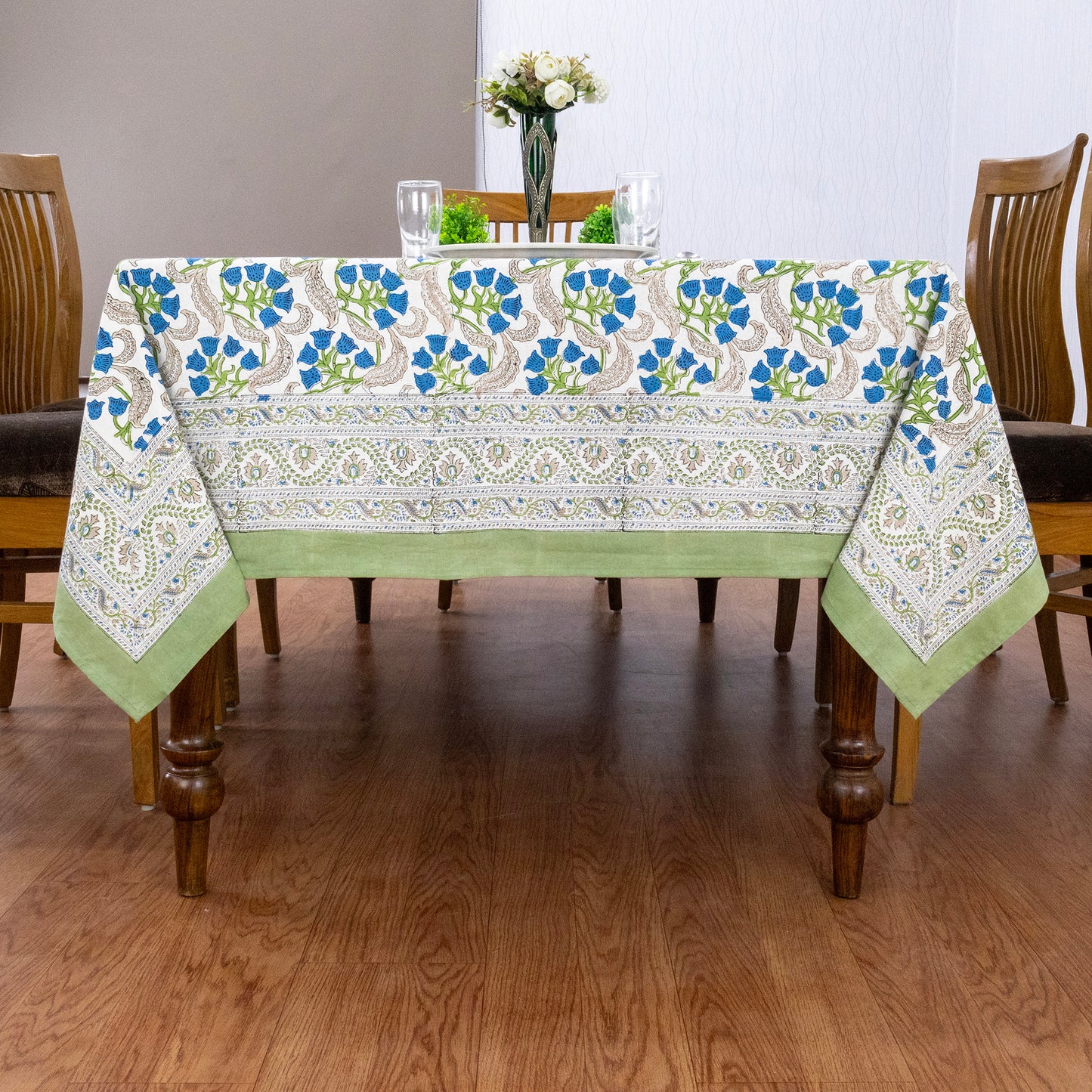 Indian Handmade Block Printed Cotton Blue and Green Rectangle Tablecloth - My Store