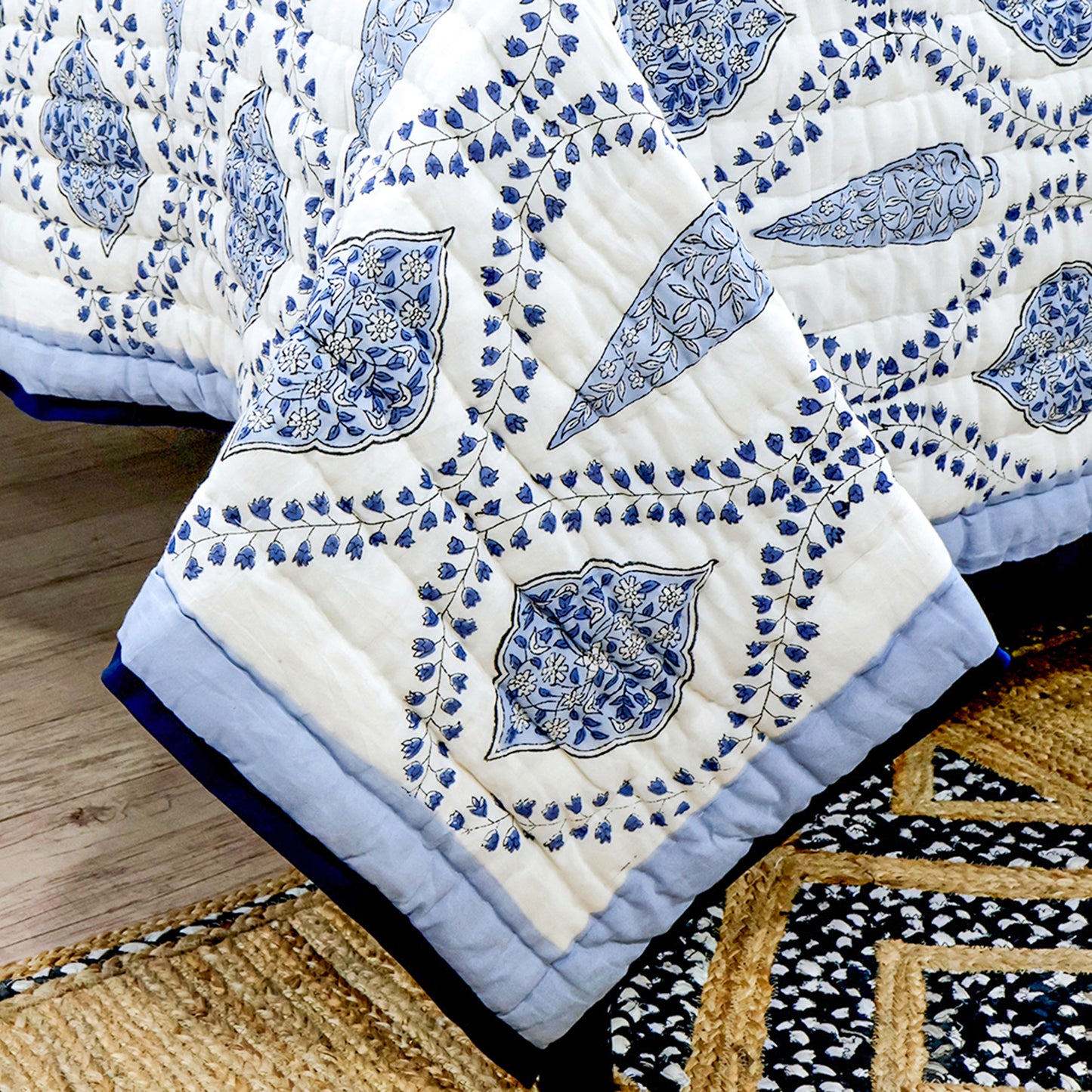 Indian Hand Block Printed Blue and White Cotton Quilt - My Store