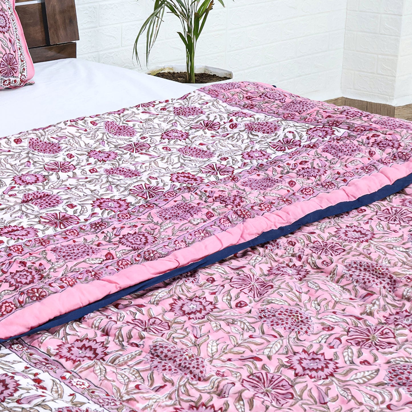 Pink and White Hand Block Printed Cotton - My Store