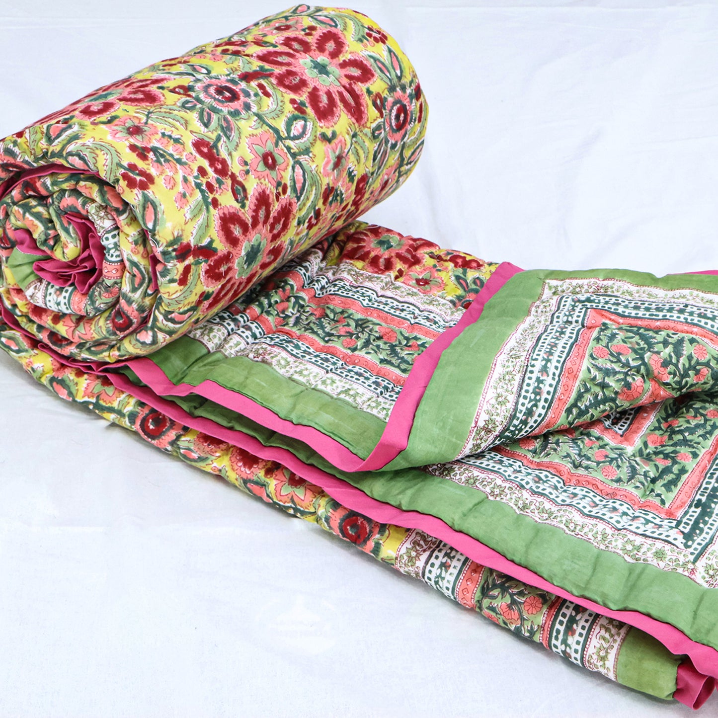 Green And Red Handmade Cotton Reversible Quilts - My Store