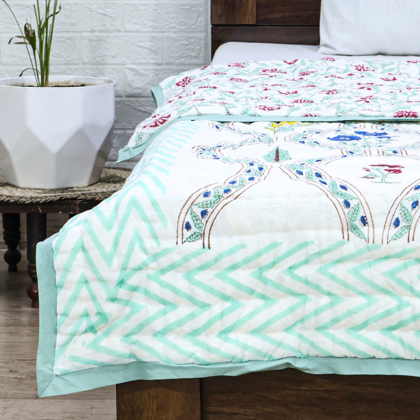 Green and Pink Handmade Block Printed Cotton Quilts - My Store