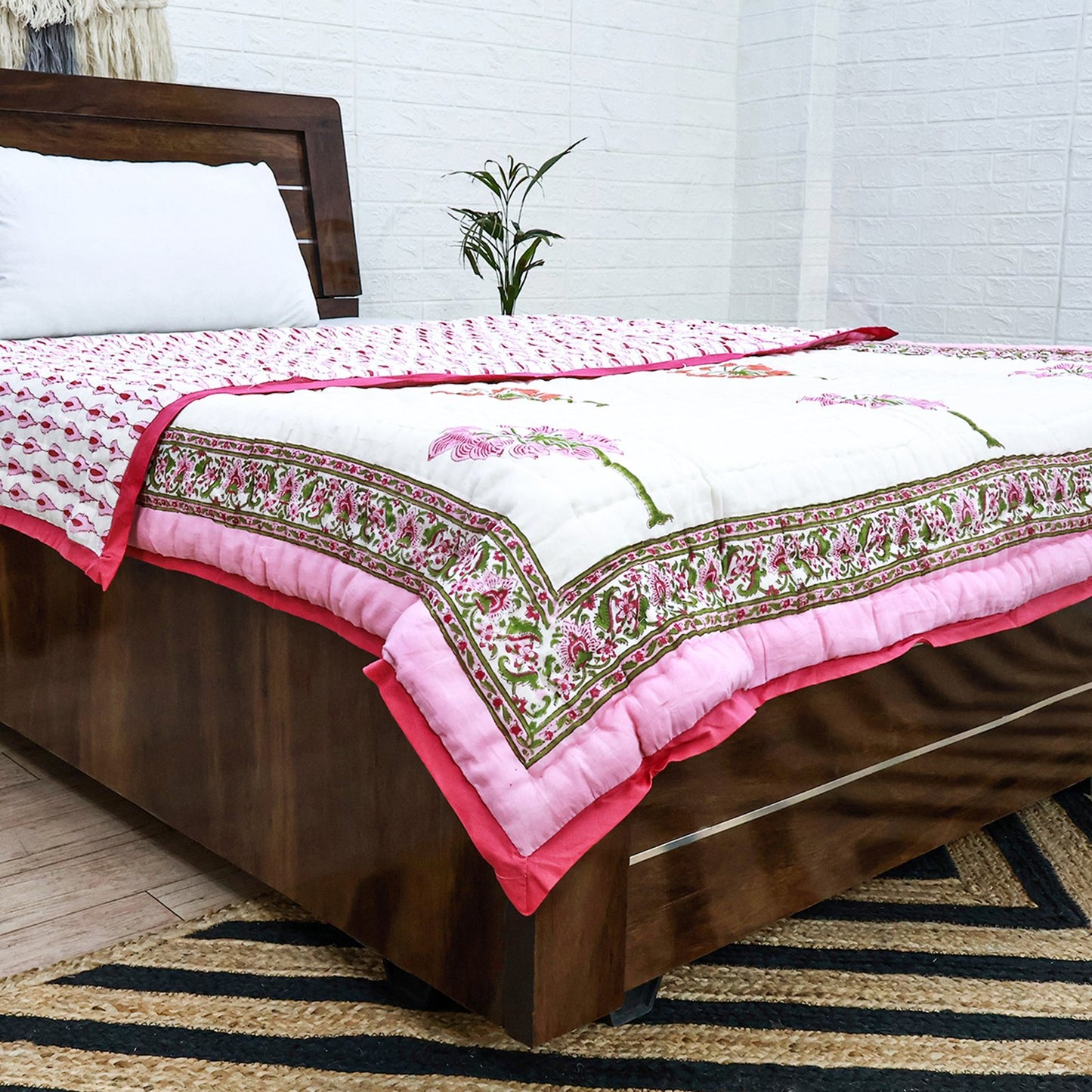 Pink With White Hand Block Printed Cotton Quilts-41 - My Store