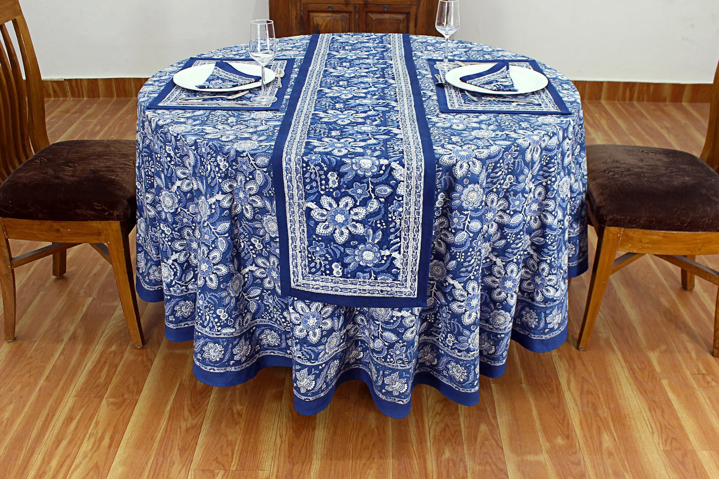 Blue White Indian Block Printed Tablecloth, Cotton Floral Table Cover - My Store