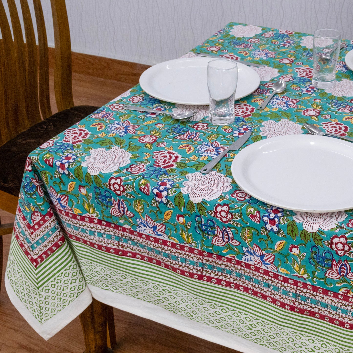 Indian Handmade Block Printed Cotton Green and Pink Rectangle Tablecloth - My Store