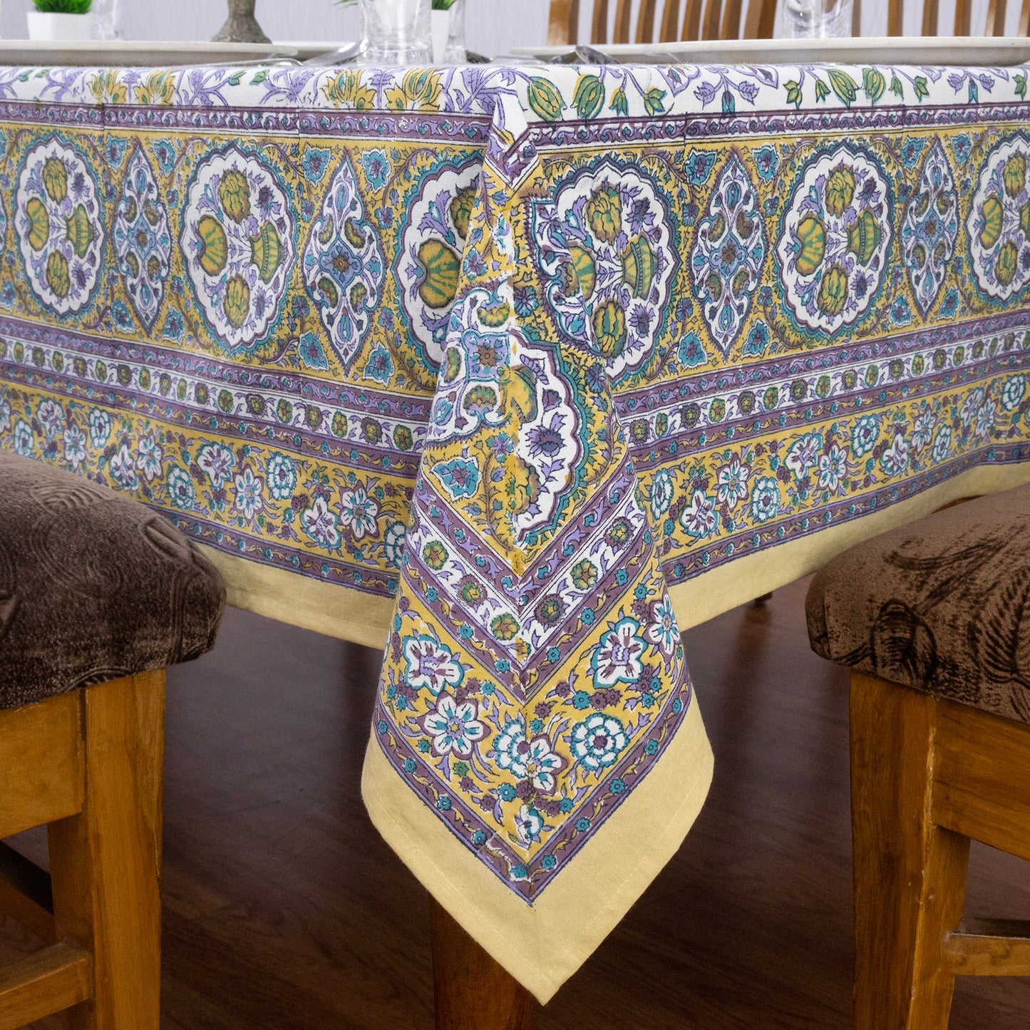 Indian Handmade Block Printed Cotton Purple and Yellow Rectangle Tablecloth - My Store