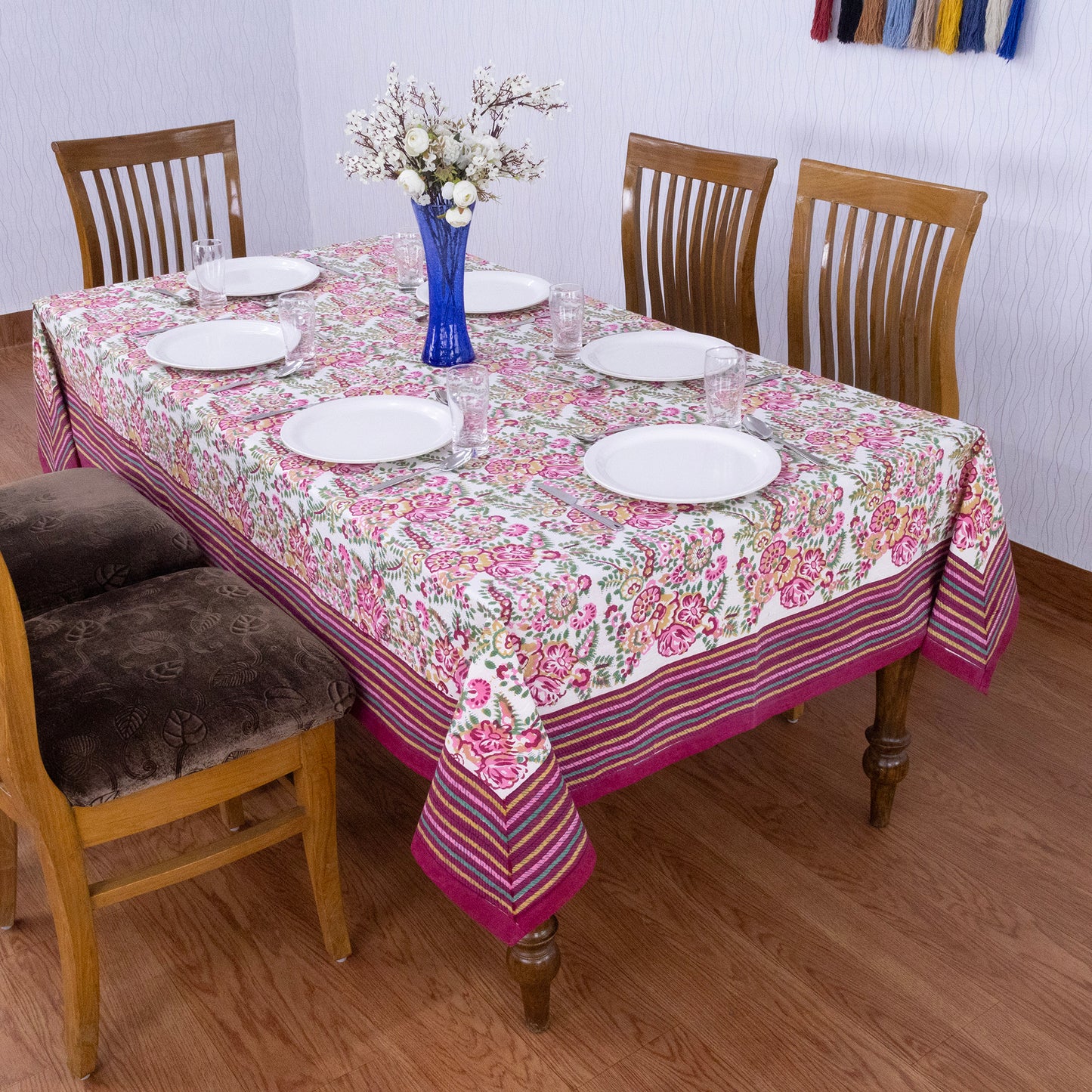 Indian Handmade Block Printed Cotton Pink and Green Rectangle Tablecloth - My Store