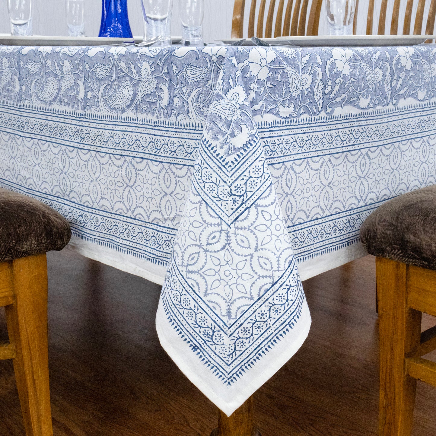 Blue and White Block Print Cotton Tablecloth, Handmade Indian Rectangle Table Linen - My Store