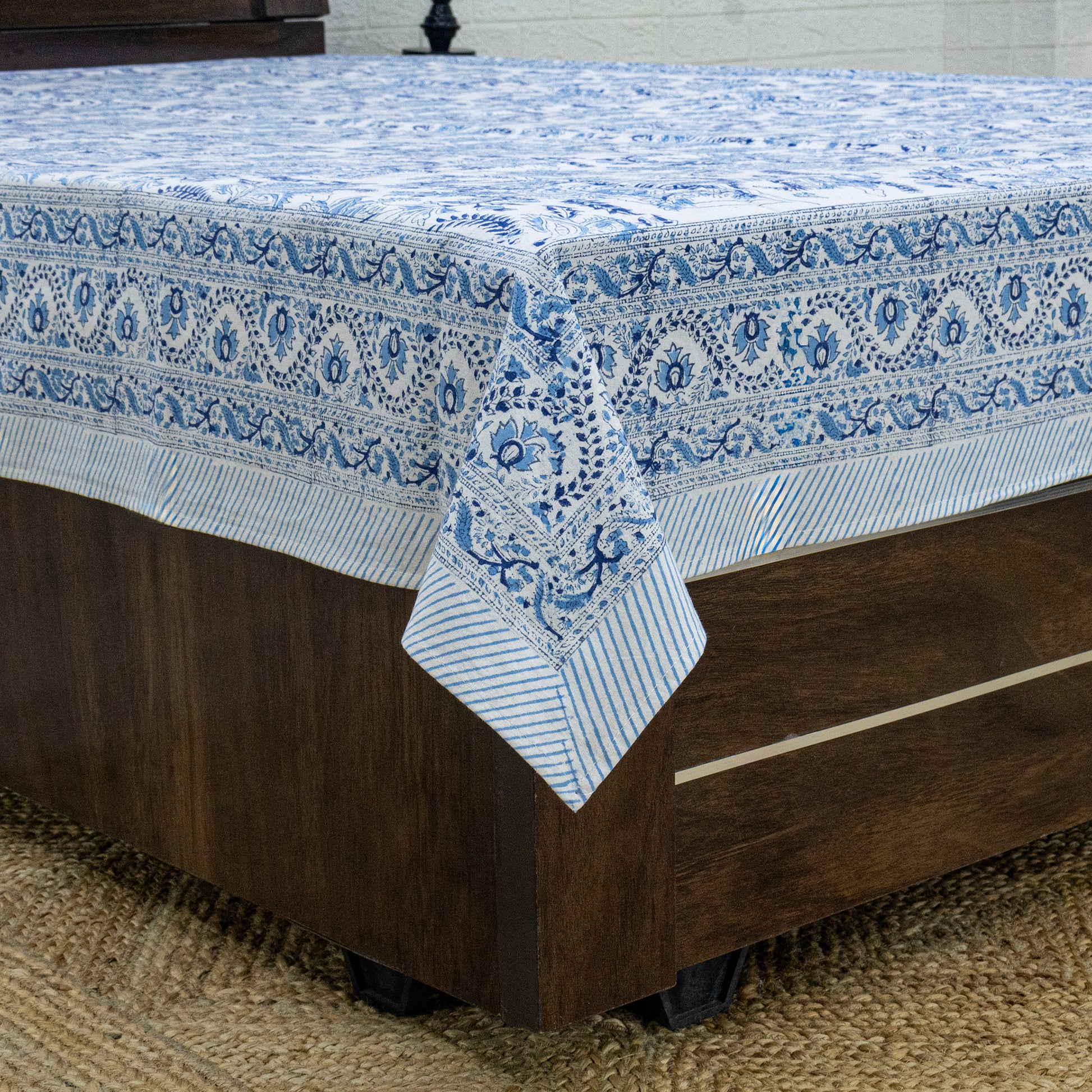 Indian Handmade Block Printed Blue and White Floral Pattern Cotton Bed sheet For living Room, Kids Room - My Store