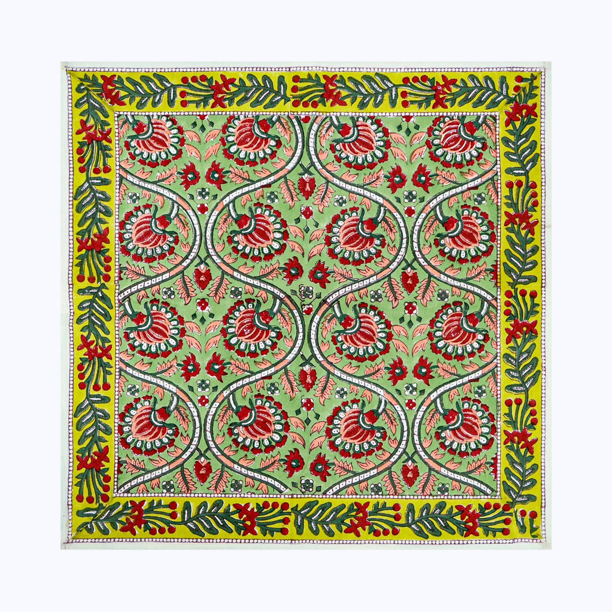 Green and Red Hand Block Printed Cotton 4 Pieces Napkins Set - My Store