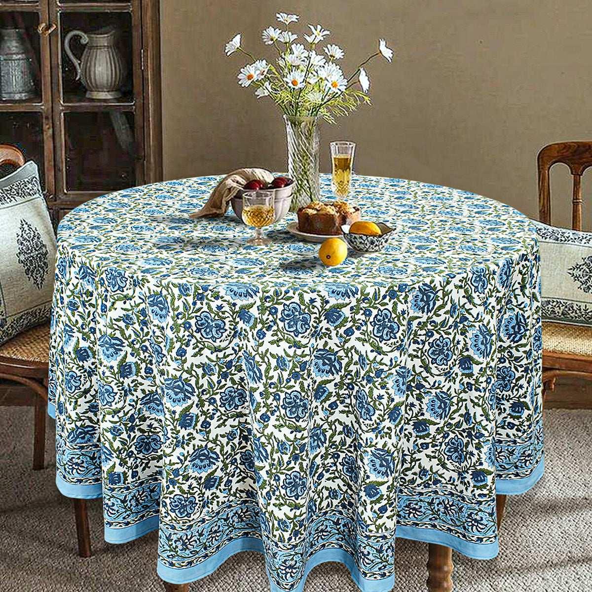 Blue and White Hand Block Printed Cover, Floral Table Linens, Valentine Table Cloth - My Store