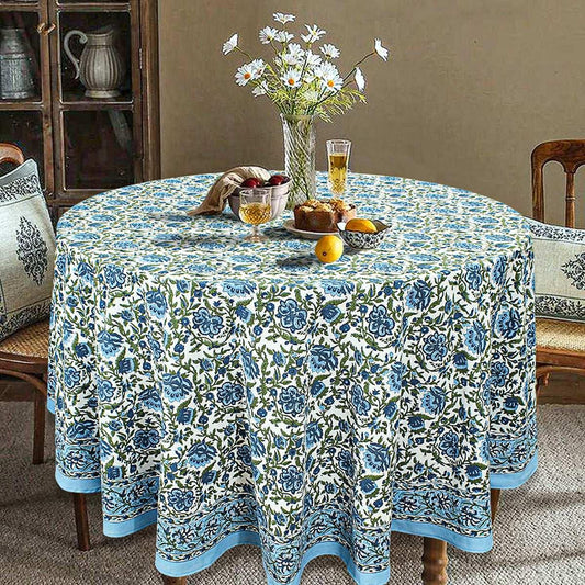 Blue and White Hand Block Printed Cover, Floral Table Linens, Valentine Table Cloth - My Store