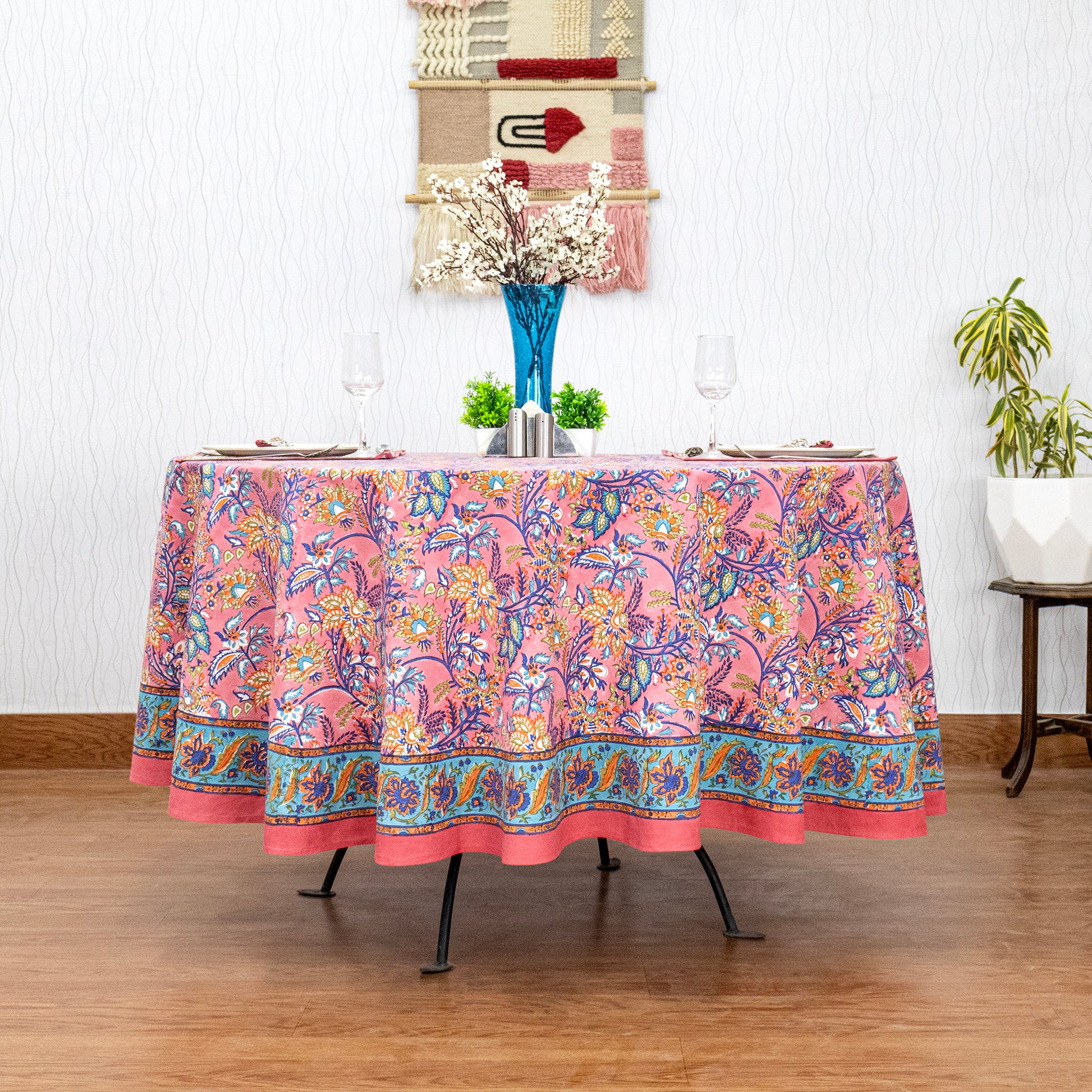 Pink & Blue Hand Block Printed Table Cover - Natural Pure Cotton Table Cloth - My Store