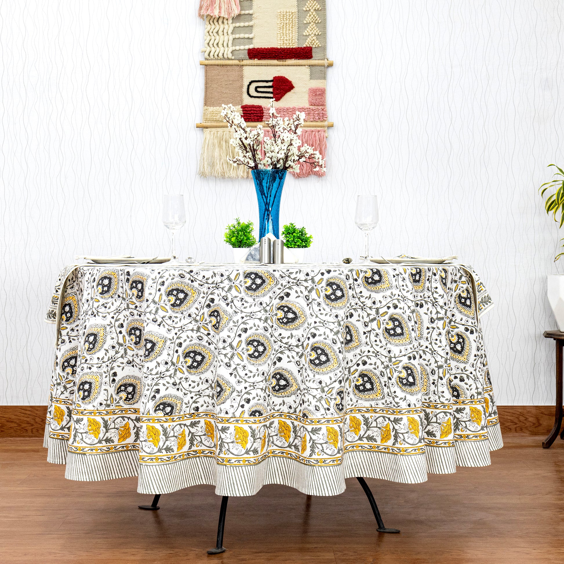 Floral Handmade Block Printed Cotton Round Tablecloth - My Store