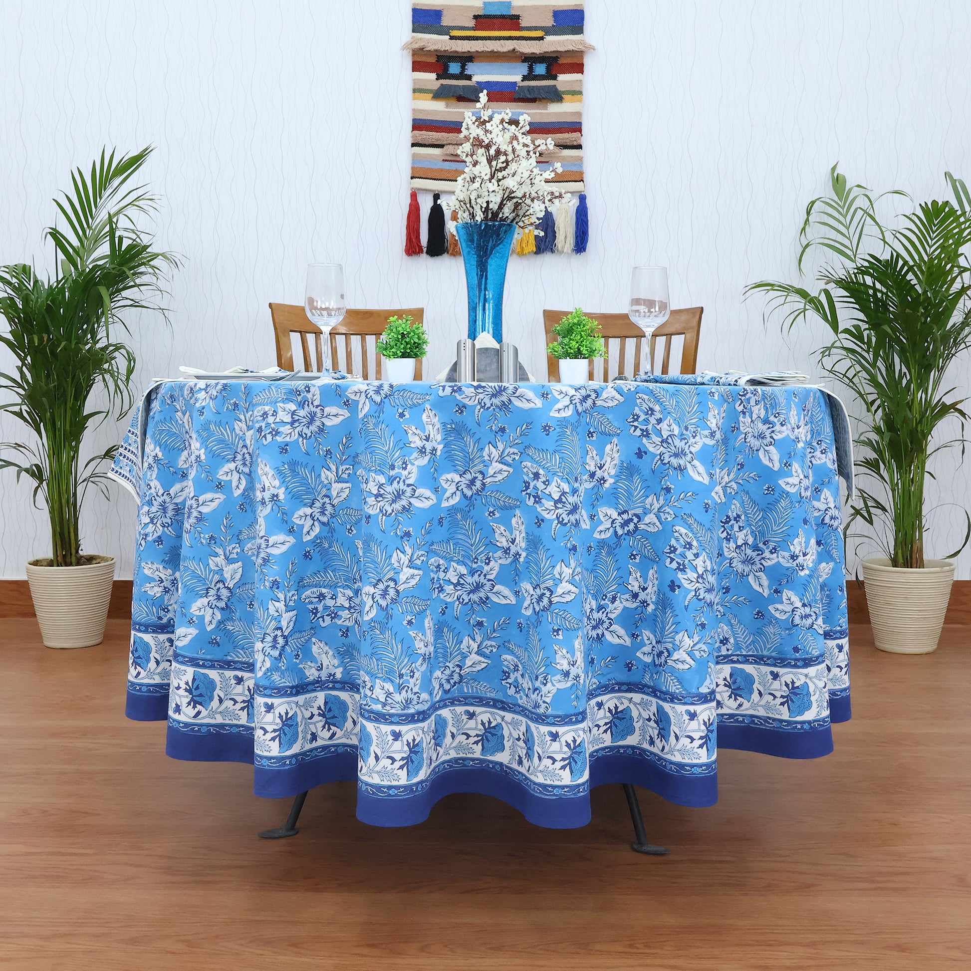 Blue & White Round Tablecloth - Housewarming Gift - Cotton Table Linens - My Store