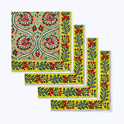 Green and Red Hand Block Printed Cotton 4 Pieces Napkins Set - My Store