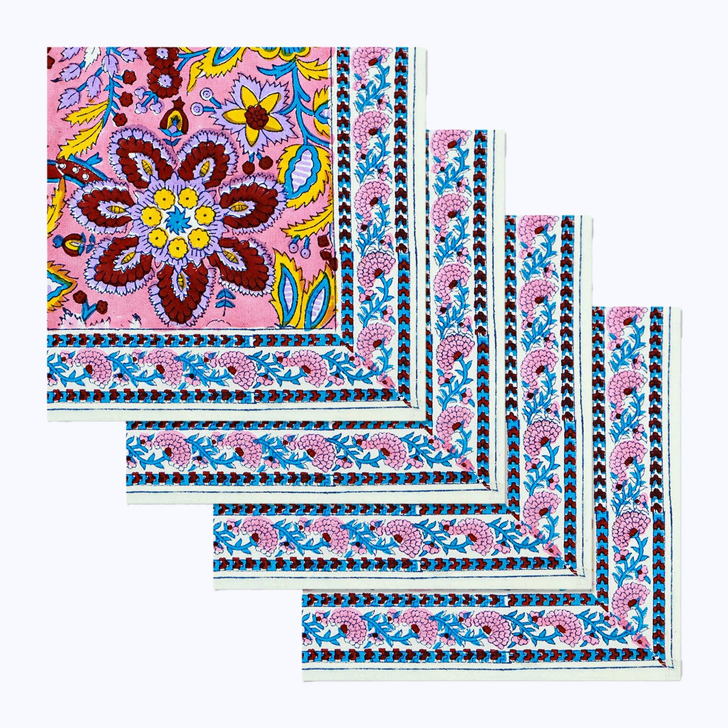 Pink and Yellow Hand Block Printed Cotton 4 Pieces Napkins Set - My Store