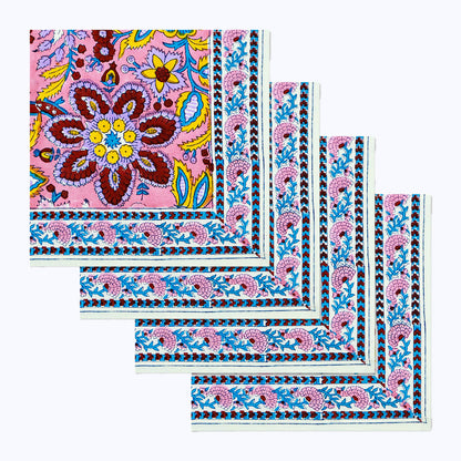 Pink and Yellow Hand Block Printed Cotton 4 Pieces Napkins Set - My Store
