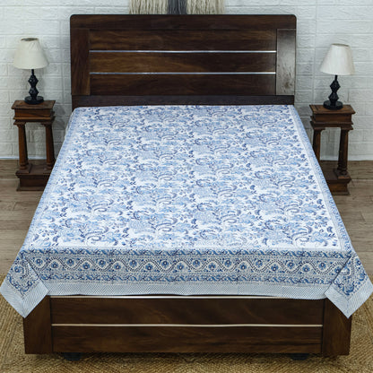 Indian Handmade Block Printed Blue and White Floral Pattern Cotton Bed sheet For living Room, Kids Room - My Store