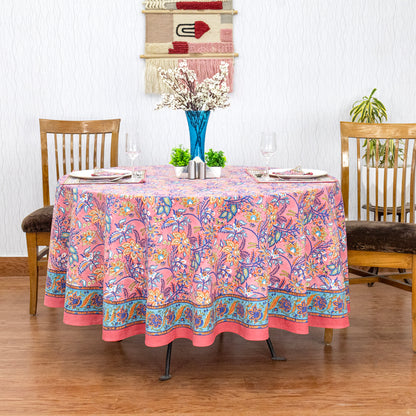 Pink & Blue Hand Block Printed Table Cover - Natural Pure Cotton Table Cloth - My Store