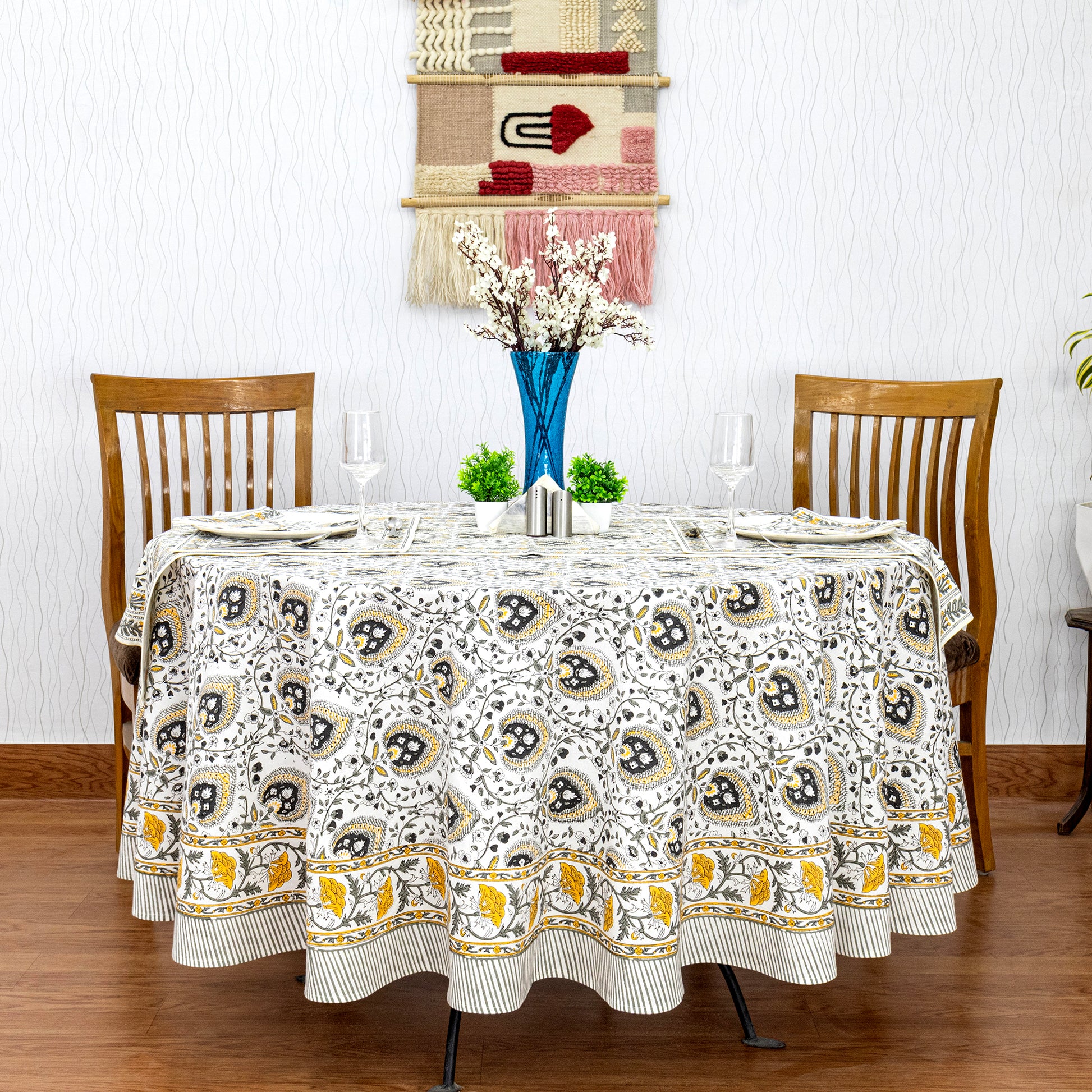 Floral Handmade Block Printed Cotton Round Tablecloth - My Store