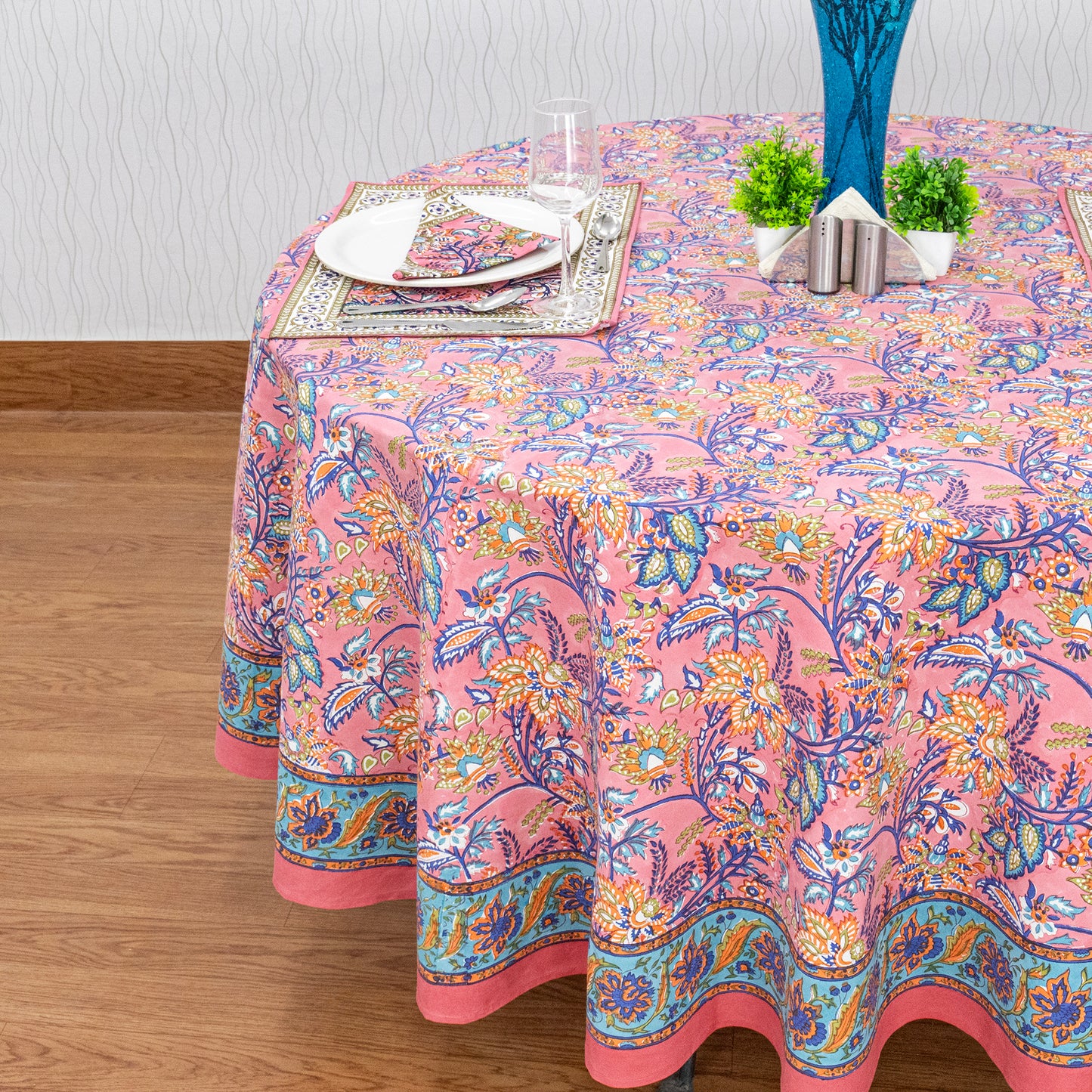 Pink & Blue Hand Block Printed Table Cover - Natural Pure Cotton Table Cloth - My Store