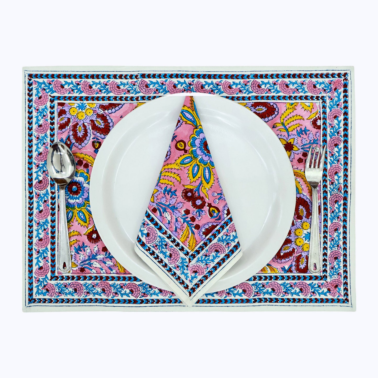 Pink and Yellow Hand Block Printed Cotton 4 Pieces Napkins Set - My Store