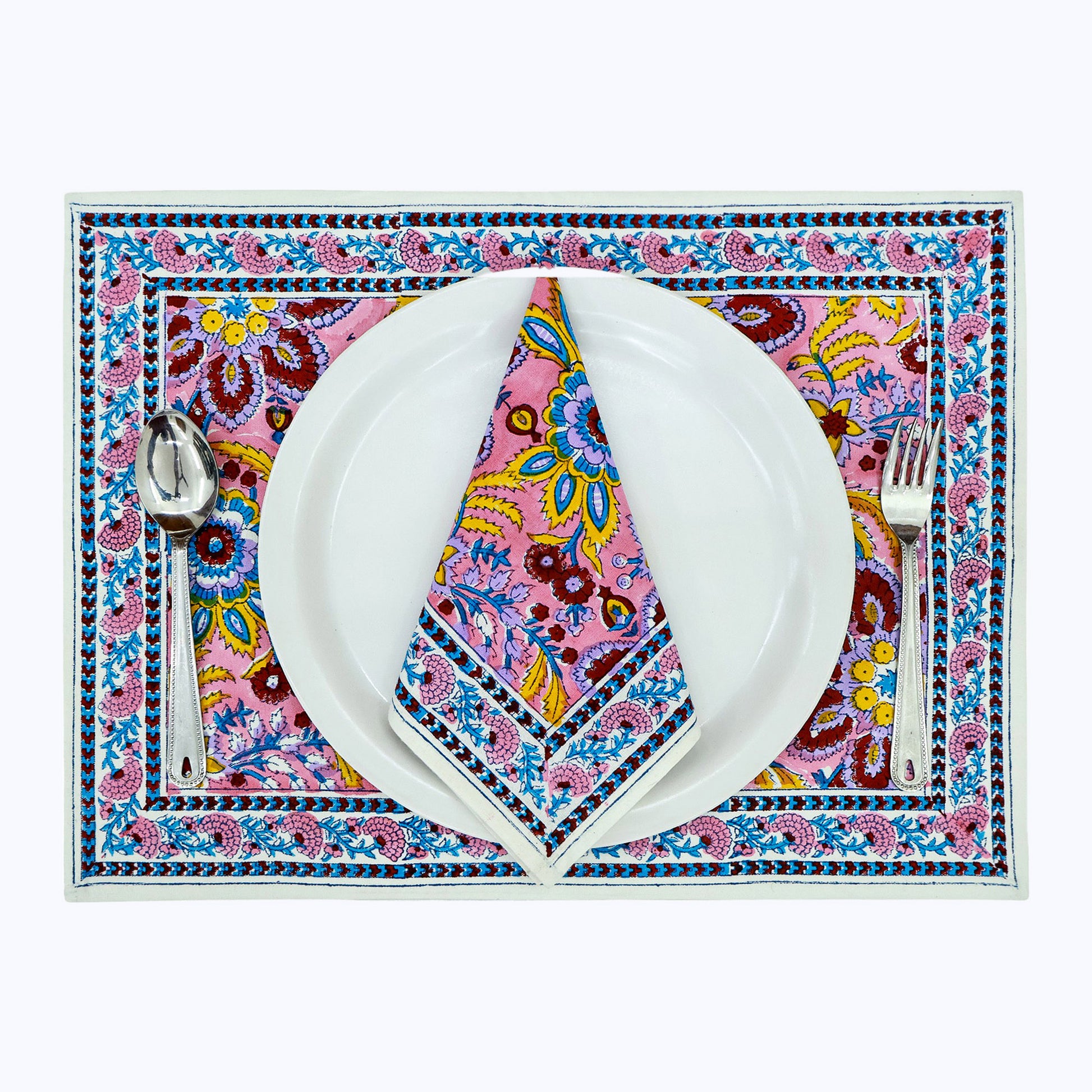 Pink and Yellow Hand Block Printed Cotton 4 Pieces Napkins Set - My Store