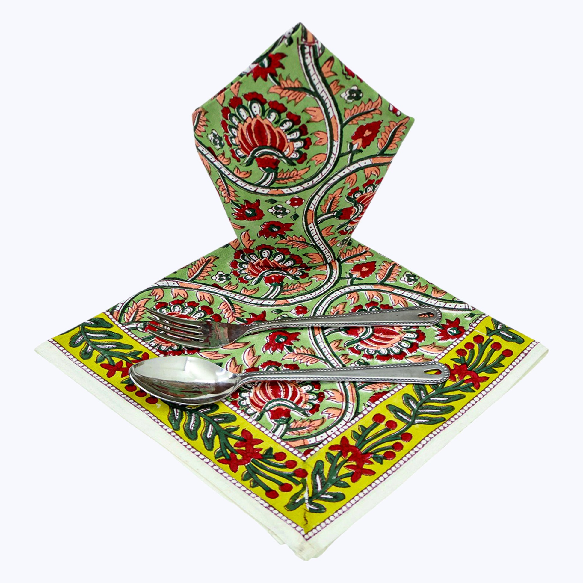 Green and Red Hand Block Printed Cotton 4 Pieces Napkins Set - My Store