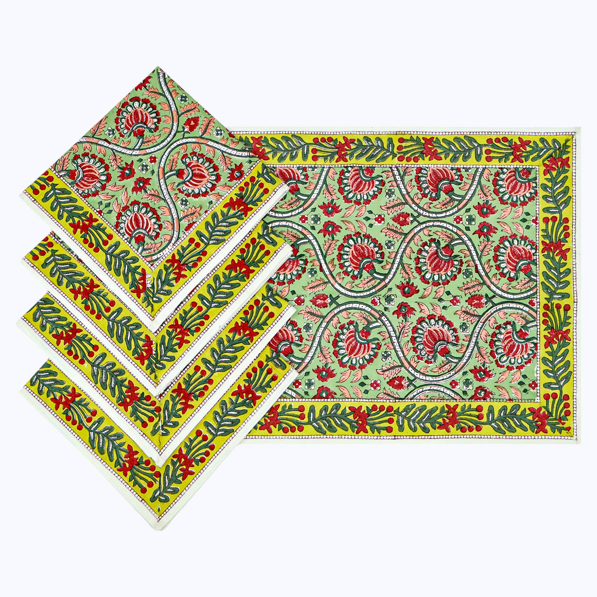Green and Red Hand Block Printed Cotton 4 Pieces Napkins Set - My Store