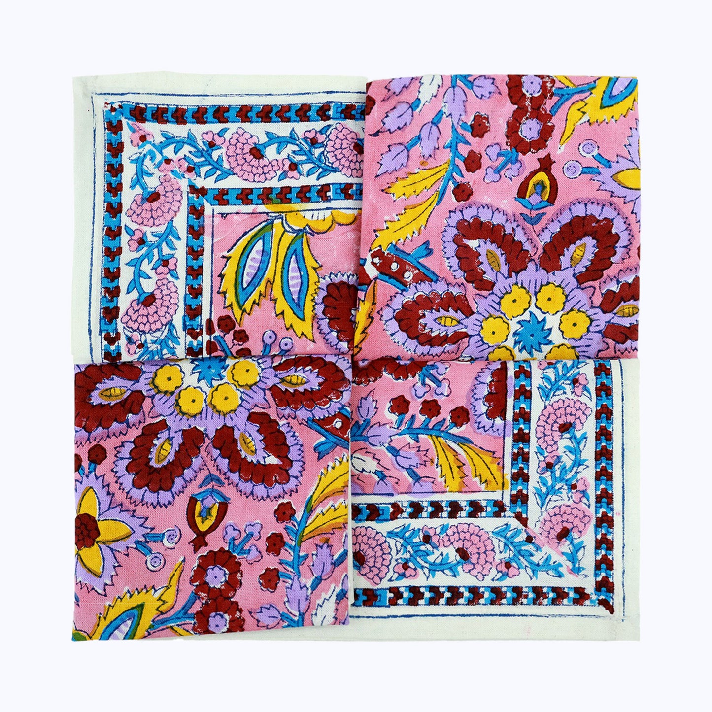 Pink and Yellow Hand Block Printed Cotton 4 Pieces Napkins Set - My Store