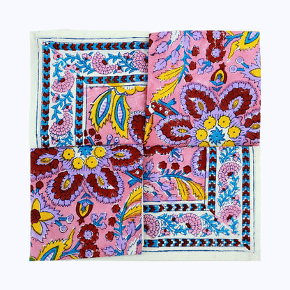 Pink and Yellow Hand Block Printed Cotton 4 Pieces Napkins Set - My Store