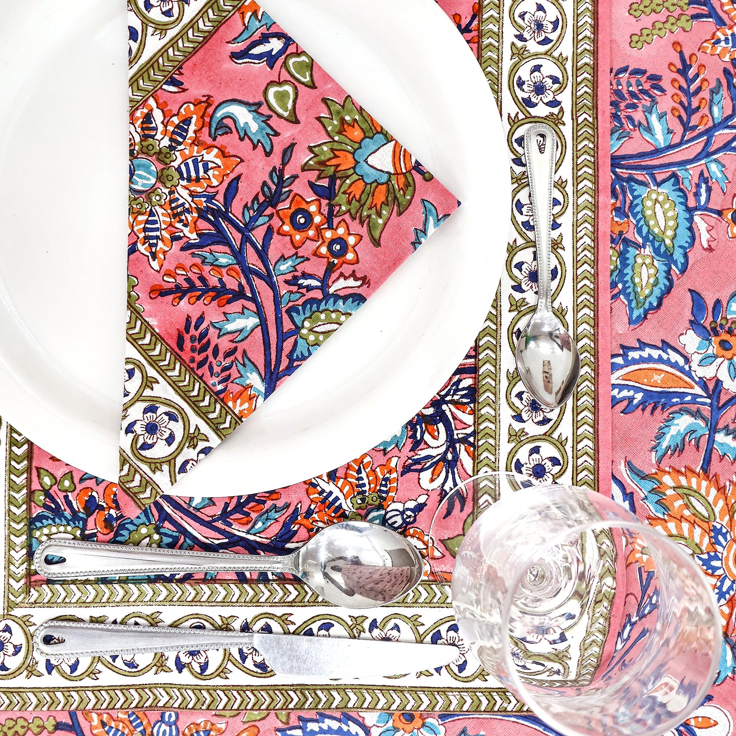 Pink & Blue Hand Block Printed Table Cover - Natural Pure Cotton Table Cloth - My Store