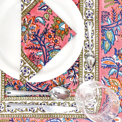 Pink & Blue Hand Block Printed Table Cover - Natural Pure Cotton Table Cloth - My Store