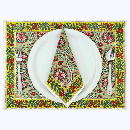 Green and Red Hand Block Printed Cotton 4 Pieces Napkins Set - My Store